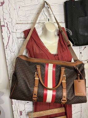 Michael Kors Brown Monogram Weekender Red & Cream Center Stripe XL - EXCELLENT